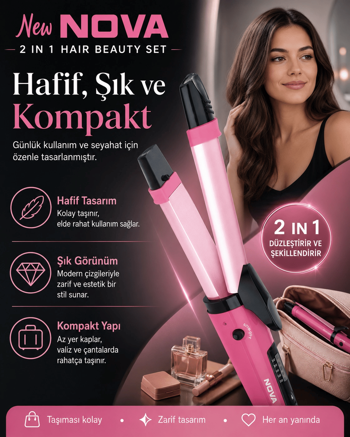 Ev Tipi Kullanıma Uygun 2 Fonksiyonlu Saç Düzleştirici ve Bukle Yapıcı Maşa