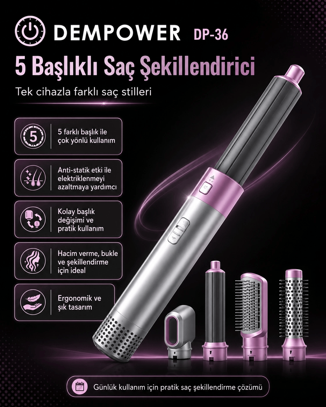 Ev Tipi Kullanıma Uygun 5 Aparatlı Saç Şekillendirici Fön Fırçası ve Dalga Seti