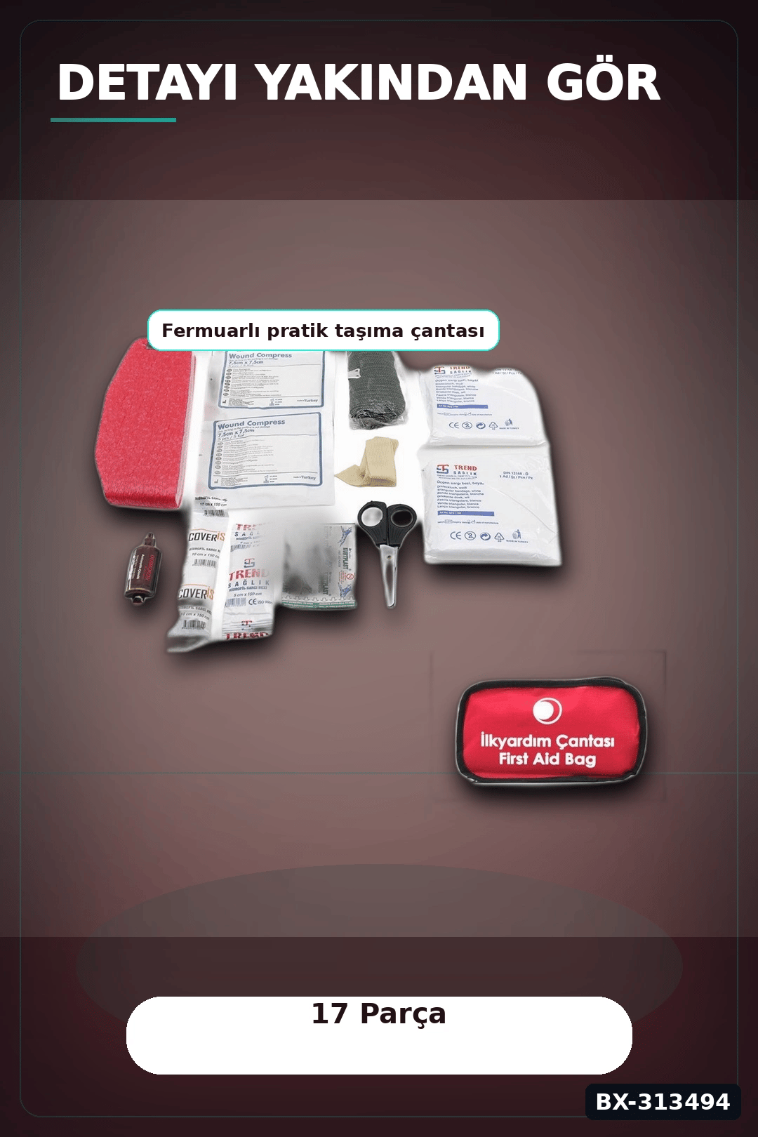 Fermuarlı Polyester Çantalı 17 Parça Acil İlk Yardım Seti Araba Ev Ofis BX-313494