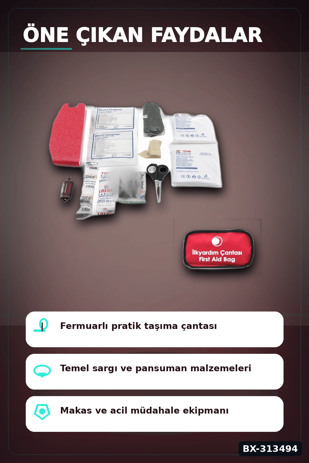Fermuarlı Polyester Çantalı 17 Parça Acil İlk Yardım Seti Araba Ev Ofis BX-313494