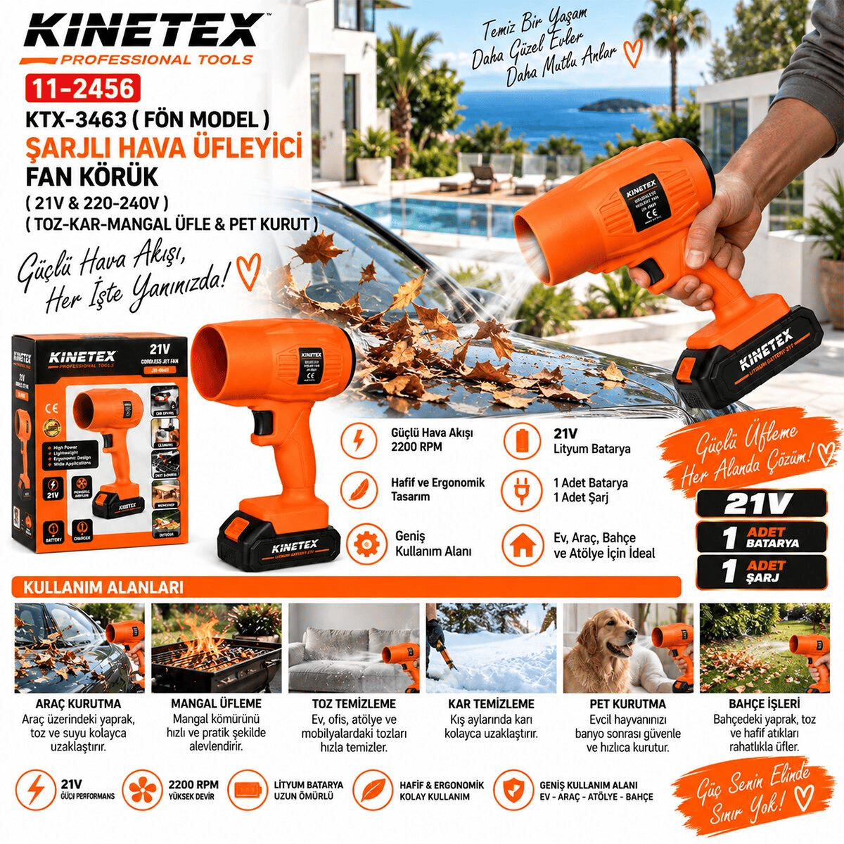 Fön Model Şarjlı Hava Üfleyici Fan Körük 21v - 220-240v Toz-kar-mangal Üfle - Pet Kurut Üfleme Ktx-3463 Bx40