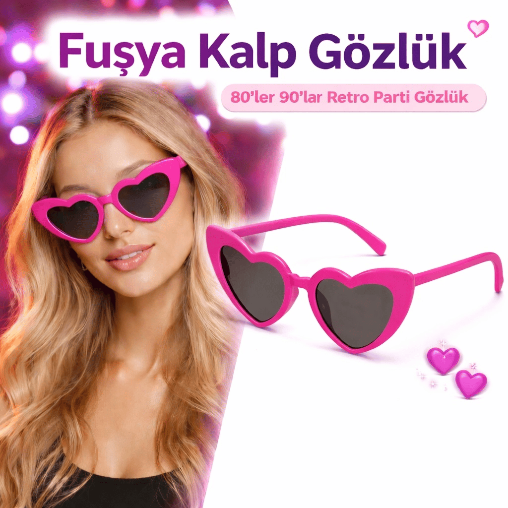 Fuşya Pembe Retro Kalp Gözlük – 80’ler 90’lar Stil Parti Gözlüğü Bx40