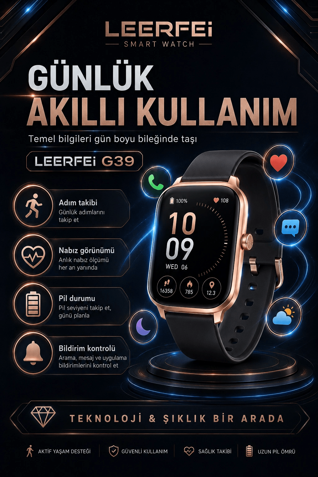 G39 Model Kablosuz Şarjlı Akıllı Saat Rose Gold Renk Bildirim Ve Arama Destekli