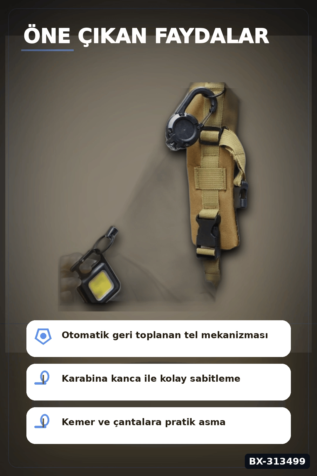 Geri Çekilebilir Çelik Halatlı Anahtarlık 68 cm - Karabina Kancalı Kemer Aksesuarı BX-313499