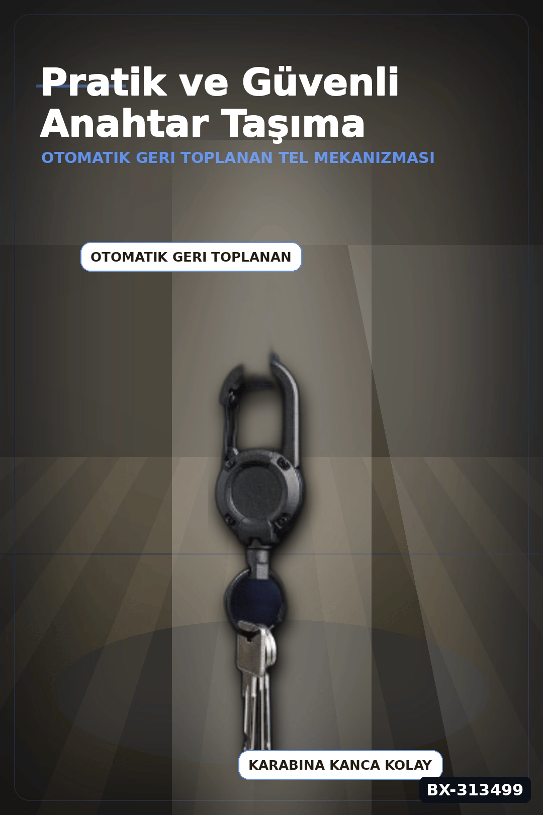 Geri Çekilebilir Çelik Halatlı Anahtarlık 68 cm - Karabina Kancalı Kemer Aksesuarı BX-313499