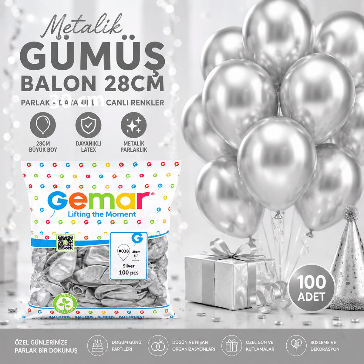 Gm-110-38 Metalik - Gümüş Balon 11'' - 28cm - 100 Parça Bx40