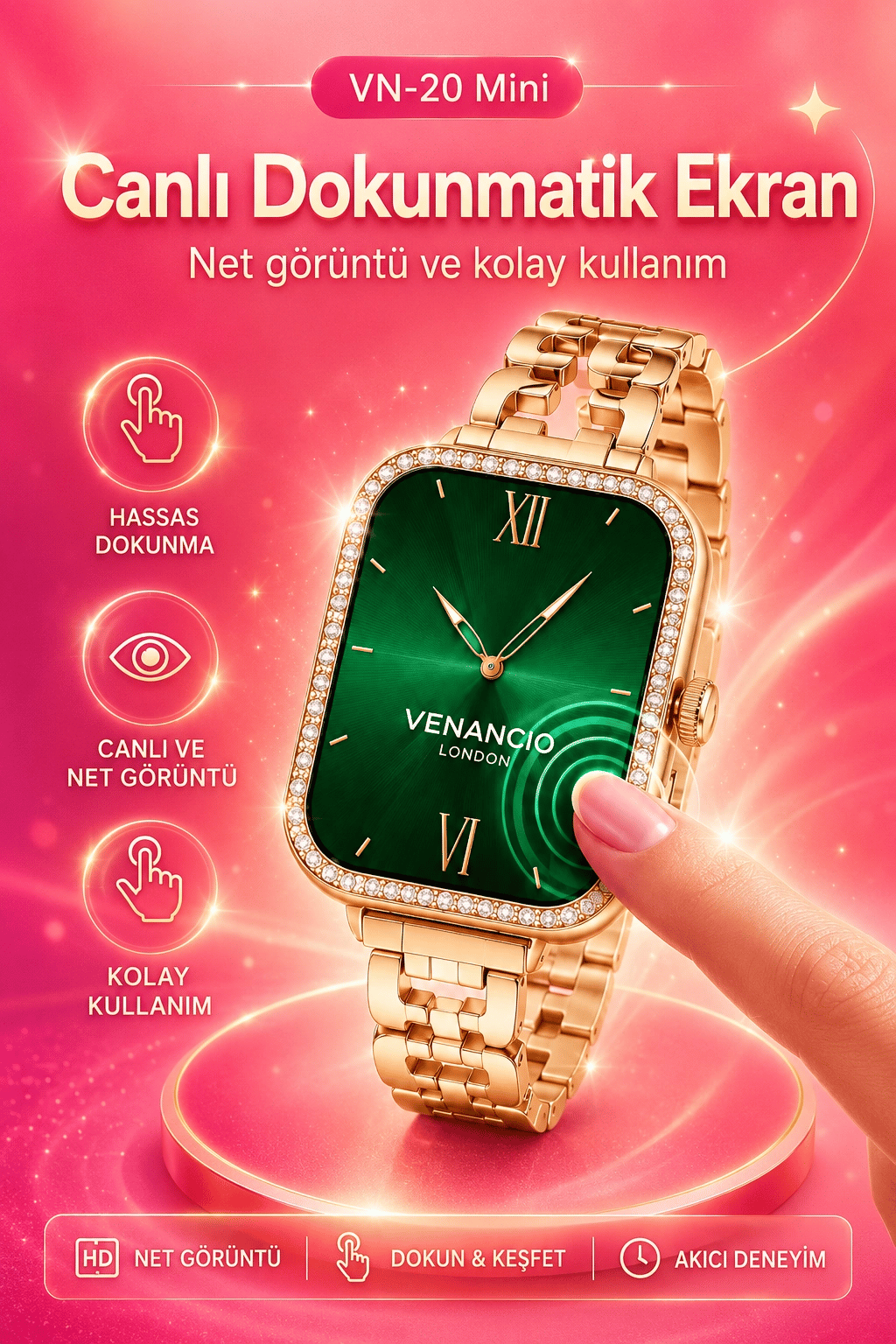 Gold Renk Tasarımlı Akıllı Saat Çoklu Kordonlu Dokunmatik Ekran Günlük Kullanım