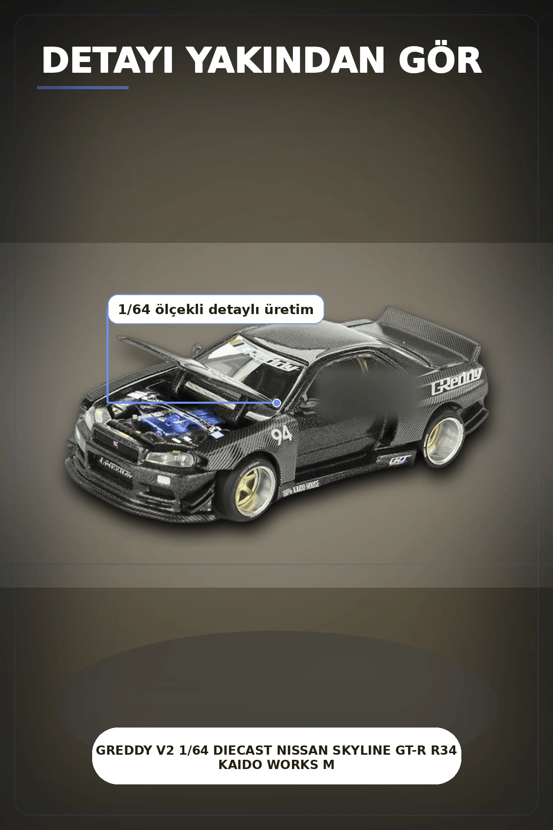 GReddy V2 1/64 Diecast Nissan Skyline GT-R R34 Kaido Works Model Araba, Koleksiyonluk BX-313373