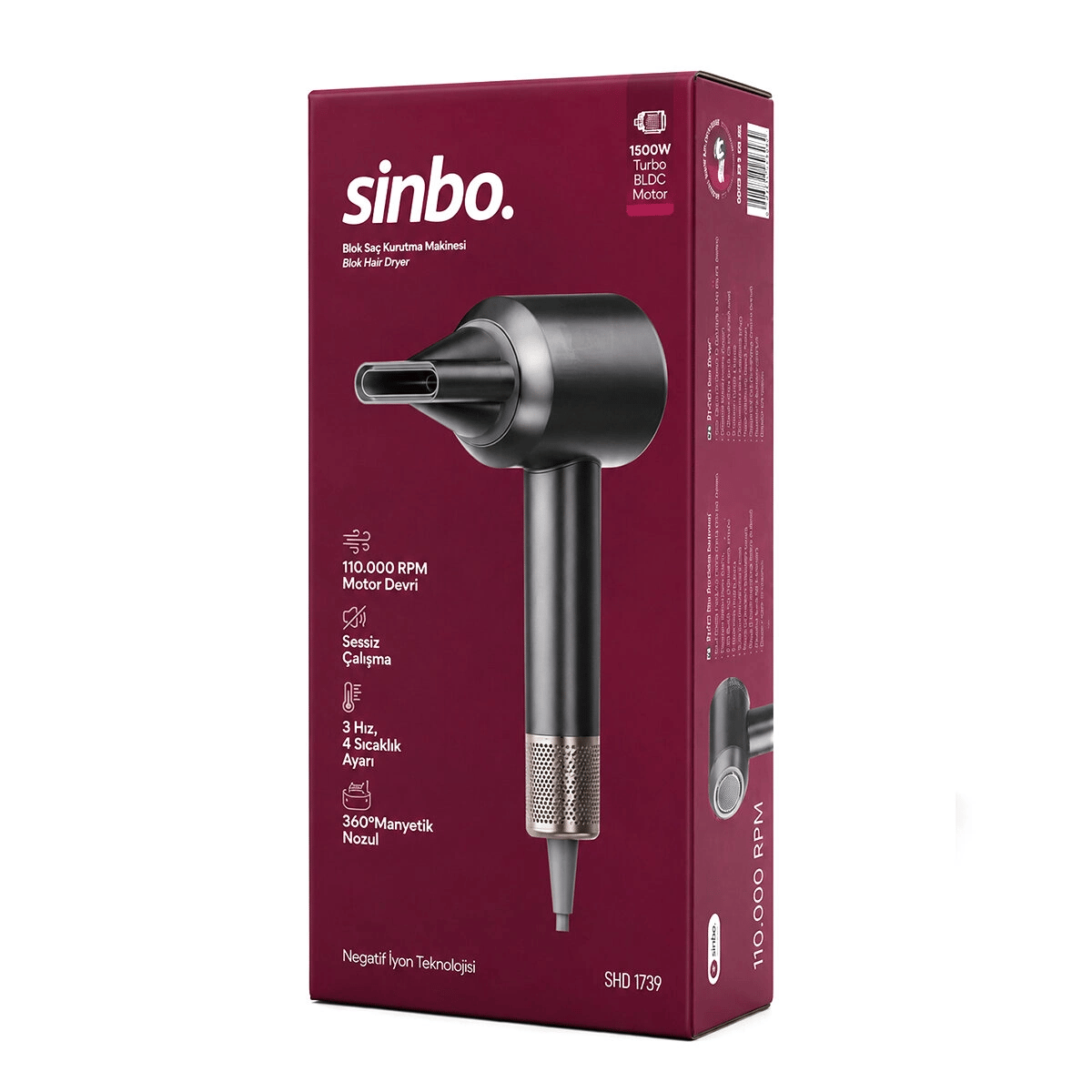 Gri Bldc Turbo Motor Saç Kurutma - Şekil Makinesi 1500w 3-kdm.hız 4-kdm.ısıayar=sıcak-ılık-hafif-soğuk Shd-1739 Bx40
