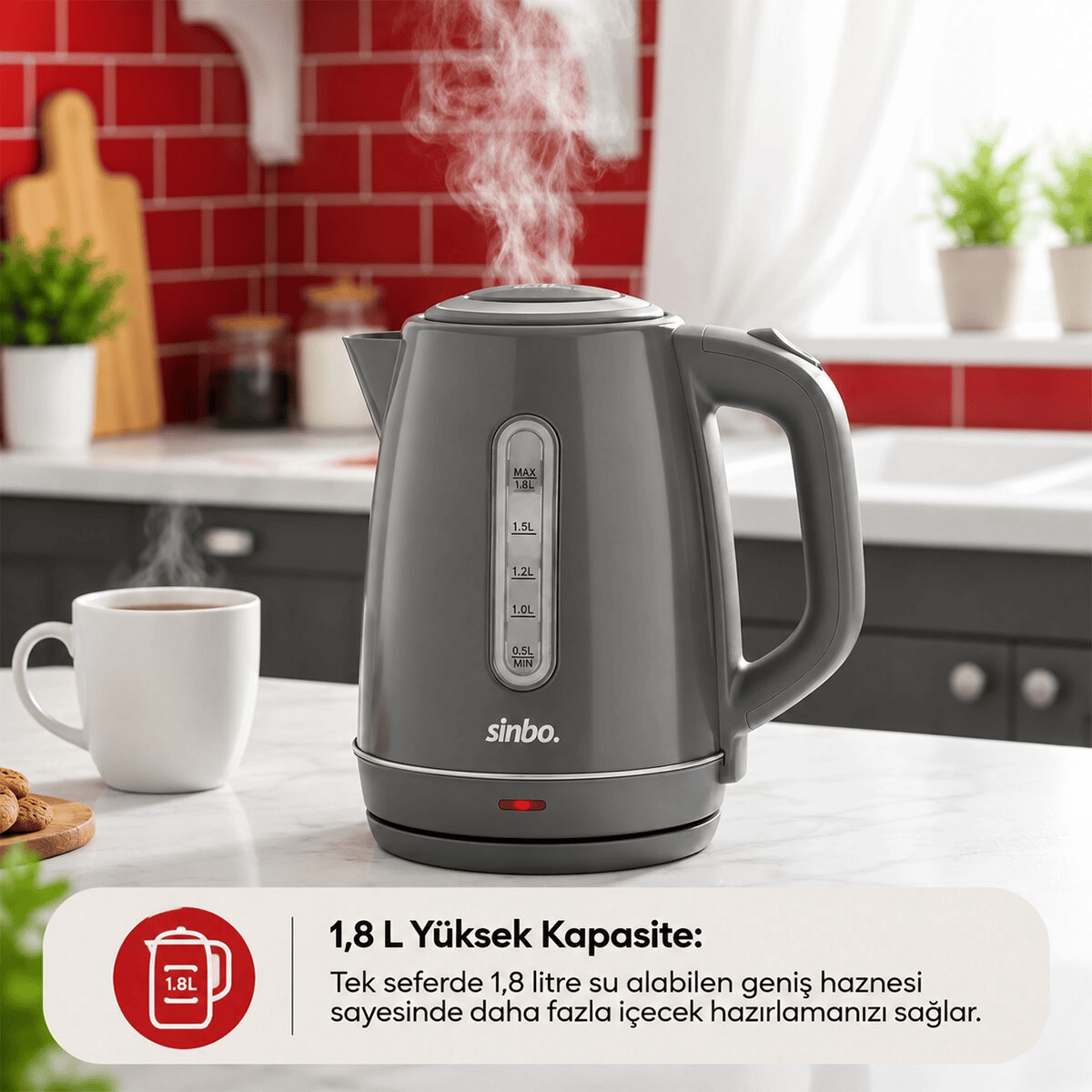 Gri Çelik Kettle Su Isıtıcısı Kablosuz Kullanım 1.8lt 360 Derece Dönebilme Otomatik Kapanma Sk-8031 Bx40
