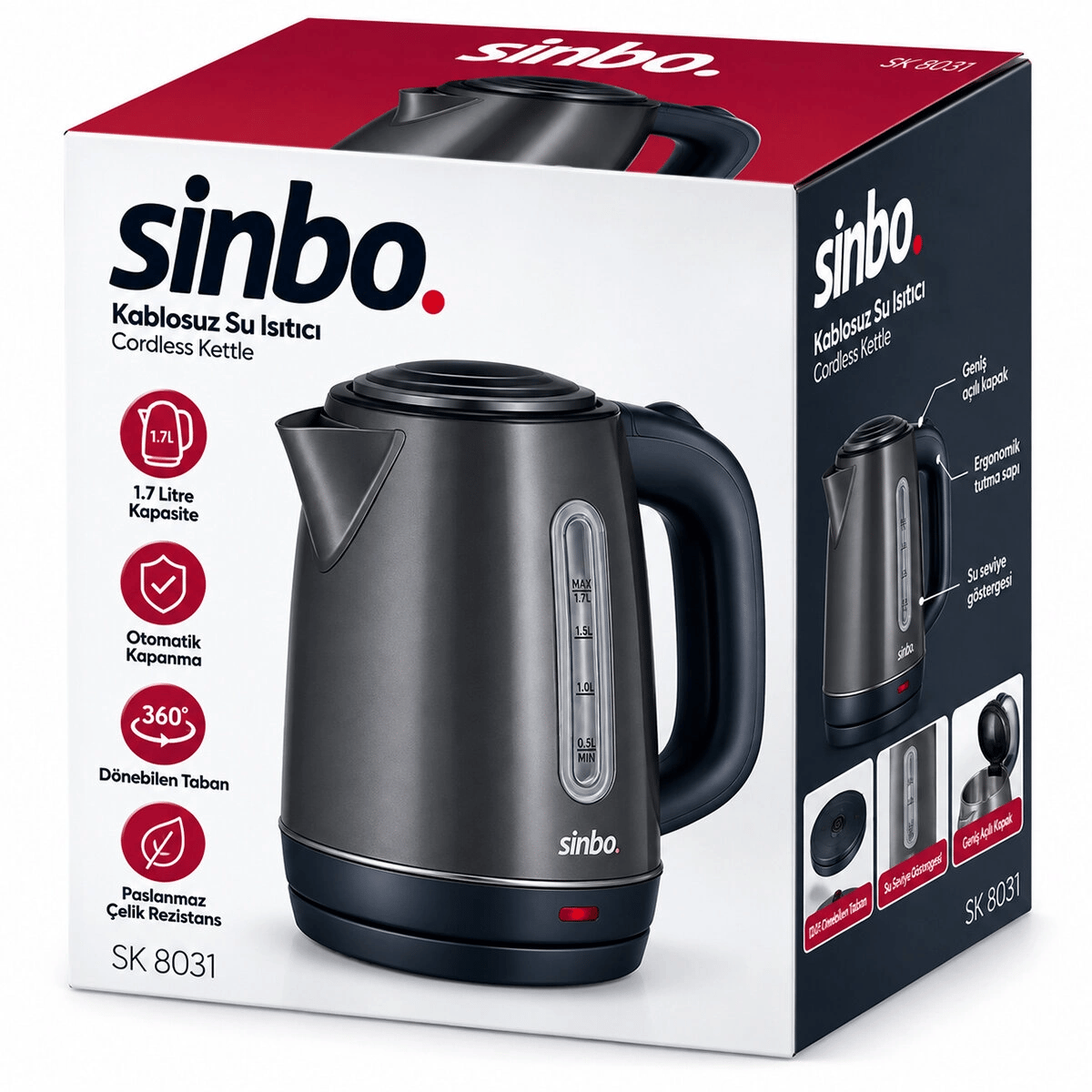 Gri Çelik Kettle Su Isıtıcısı Kablosuz Kullanım 1.8lt 360 Derece Dönebilme Otomatik Kapanma Sk-8031 Bx40