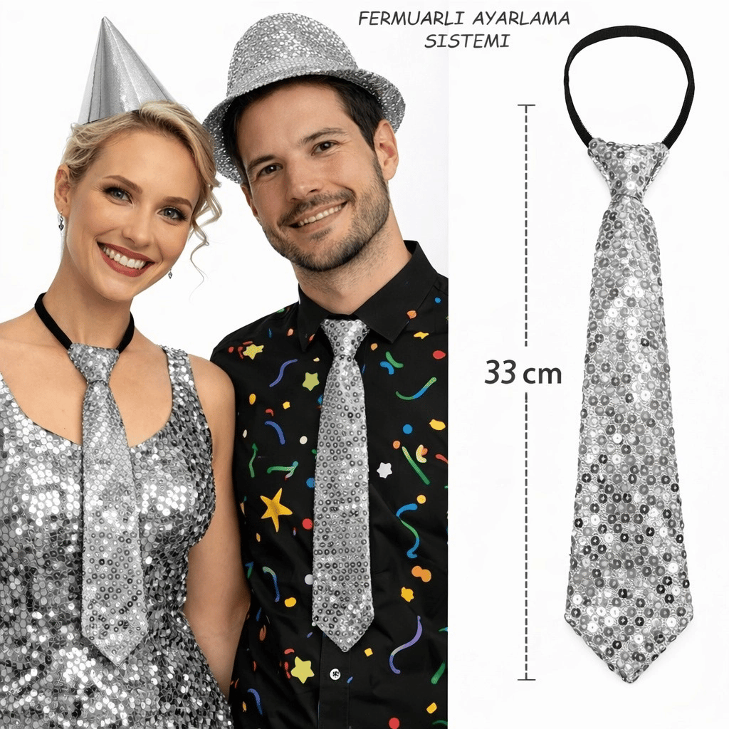 Gümüş Renk Pul Payetli Işıltılı Parti Kravatı 33 Cm Bx40