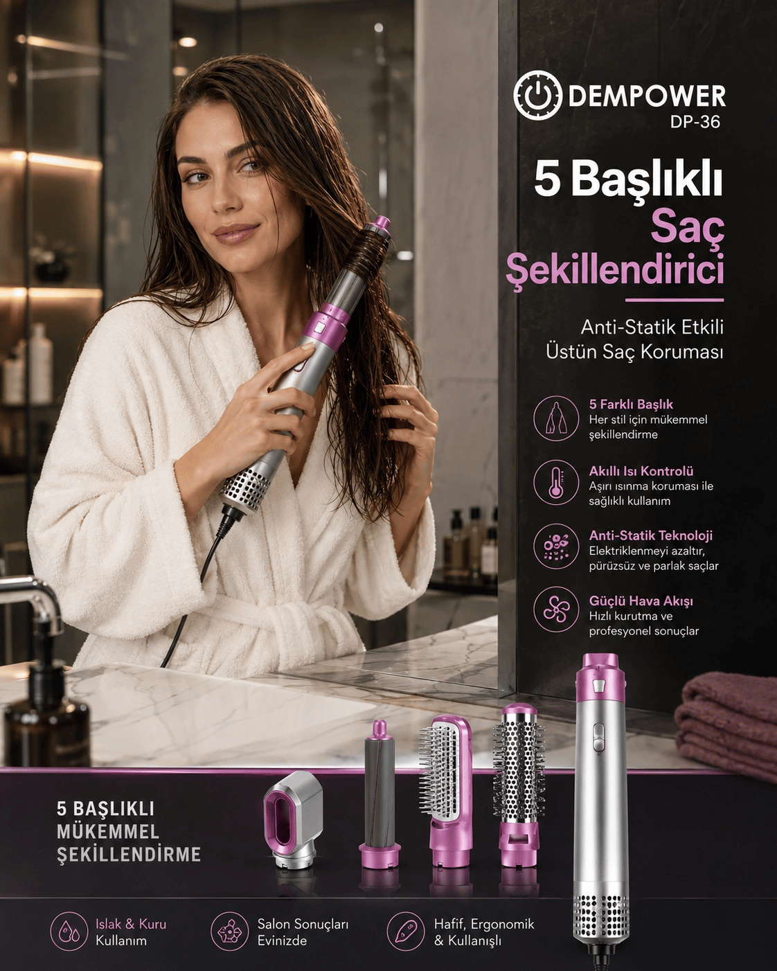 Hacimli Fön, Dalgalı Saç ve Bukle İçin 5 Başlıklı Çok Amaçlı Saç Şekillendirici