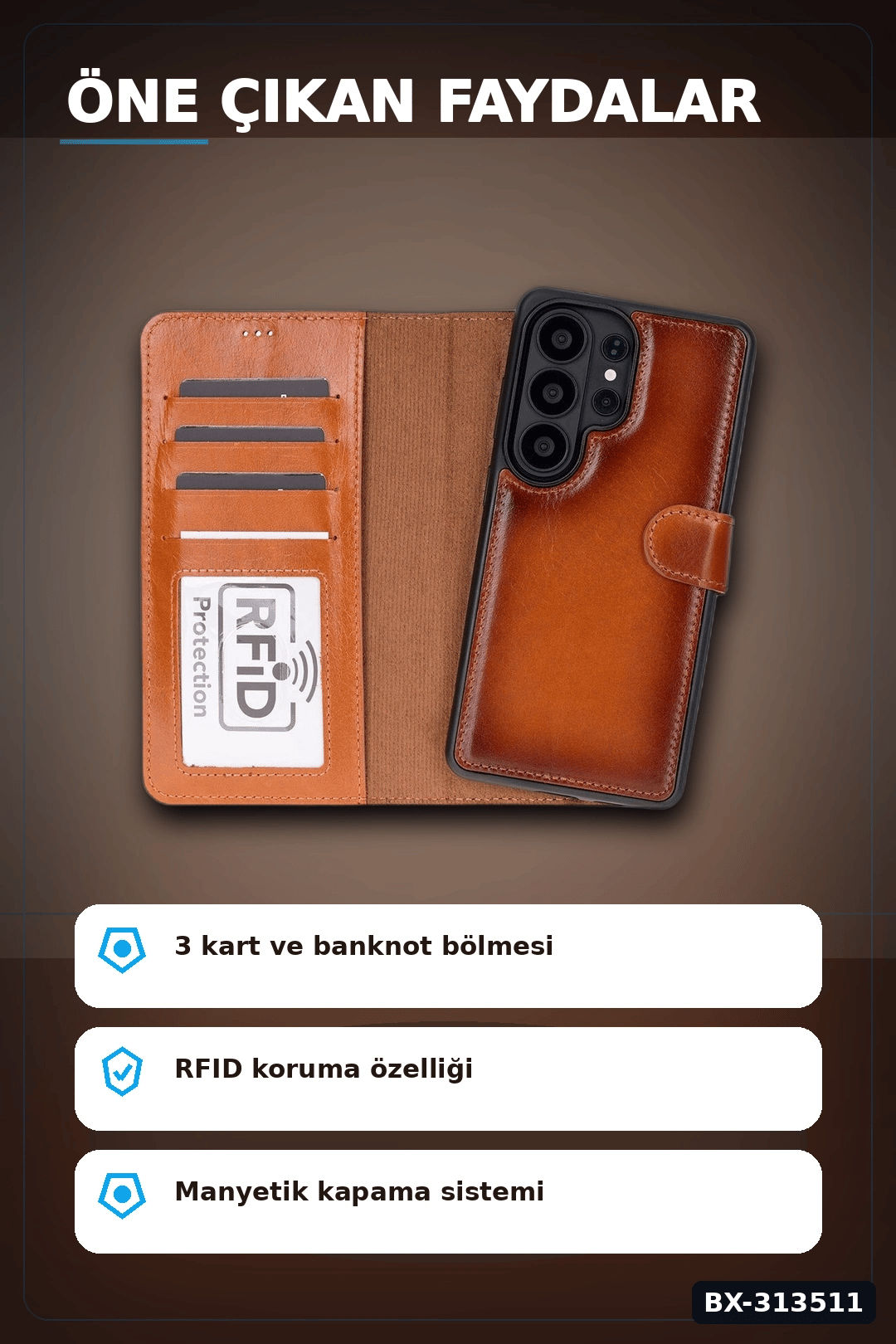 Hakiki Deri Manyetik Cüzdan Kılıf Samsung S26 Ultra Uyumlu RFID Korumalı BX-313511