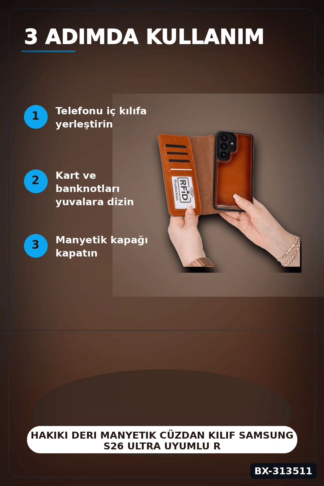Hakiki Deri Manyetik Cüzdan Kılıf Samsung S26 Ultra Uyumlu RFID Korumalı BX-313511