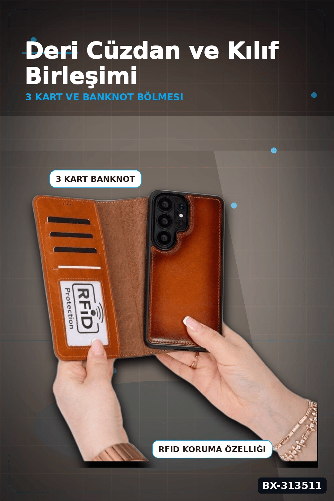Hakiki Deri Manyetik Cüzdan Kılıf Samsung S26 Ultra Uyumlu RFID Korumalı BX-313511