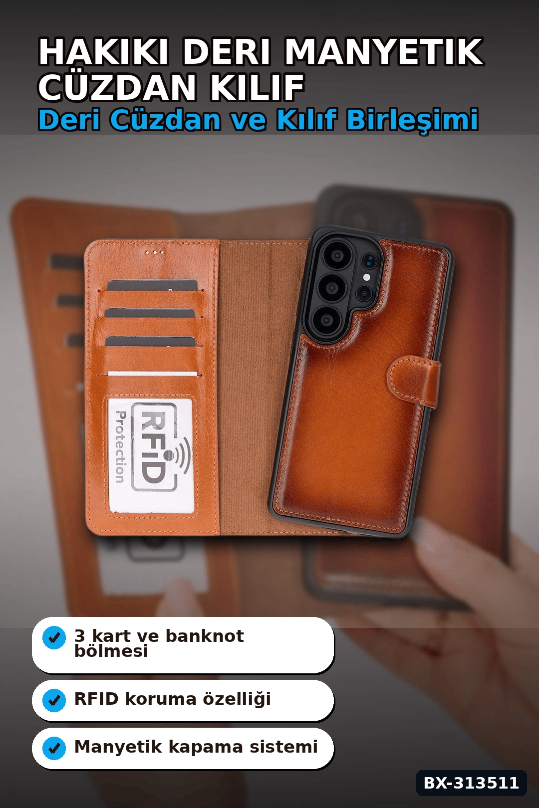 Hakiki Deri Manyetik Cüzdan Kılıf Samsung S26 Ultra Uyumlu RFID Korumalı BX-313511