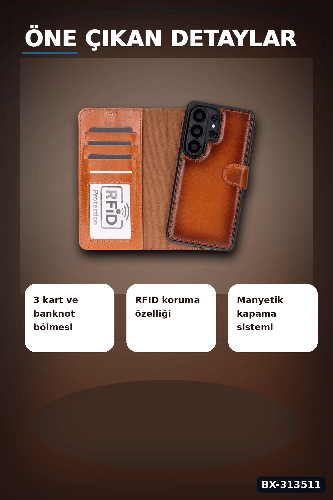 Hakiki Deri Manyetik Cüzdan Kılıf Samsung S26 Ultra Uyumlu RFID Korumalı BX-313511