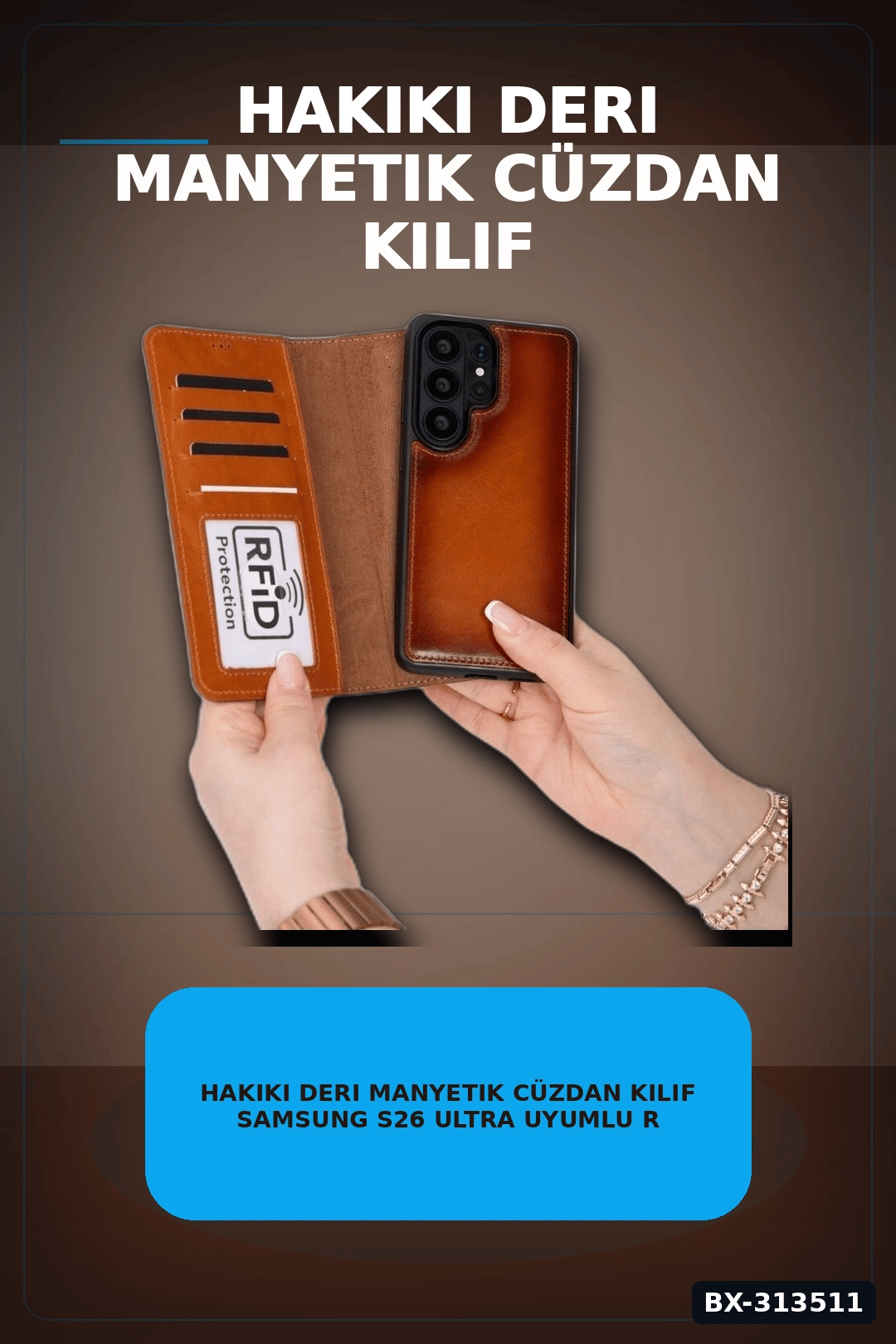 Hakiki Deri Manyetik Cüzdan Kılıf Samsung S26 Ultra Uyumlu RFID Korumalı BX-313511