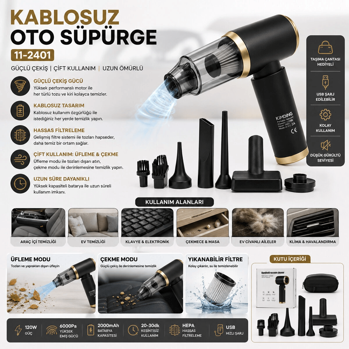 Handheld Vacuum Cleaner 2in1=çekme - Üfleme Oto - Araç - Ev El Tipi Süpürge Şarjlı Mini - Taşınabilir Kh-128 Bx40
