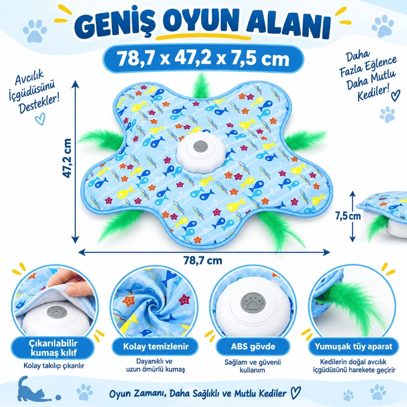 Hareketli İnteraktif Kedi Oyun Matı - USB Şarjlı - 3 Oyun Modu