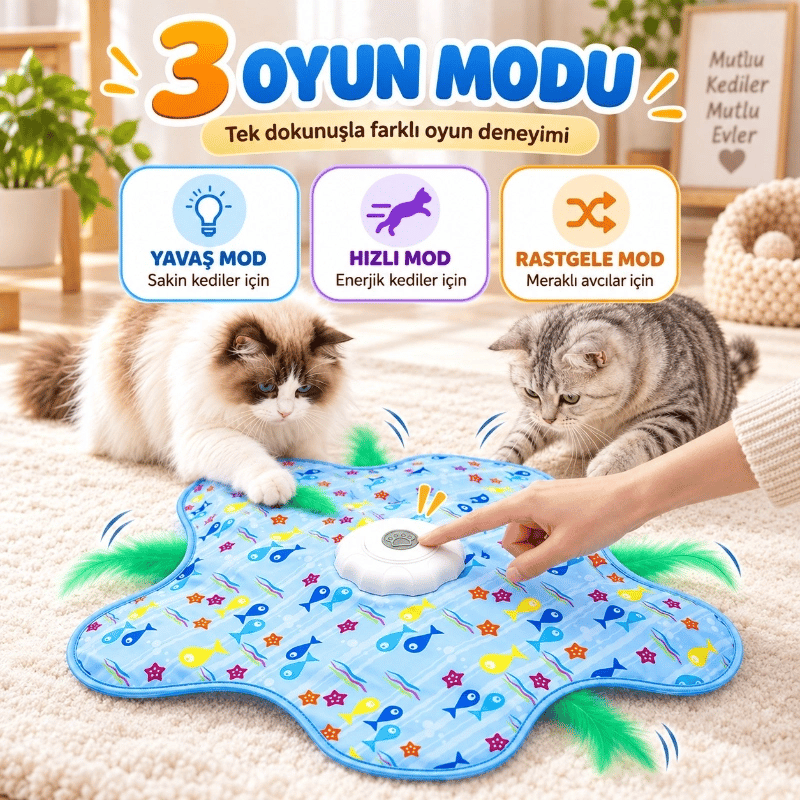 Hareketli İnteraktif Kedi Oyun Matı - USB Şarjlı - 3 Oyun Modu