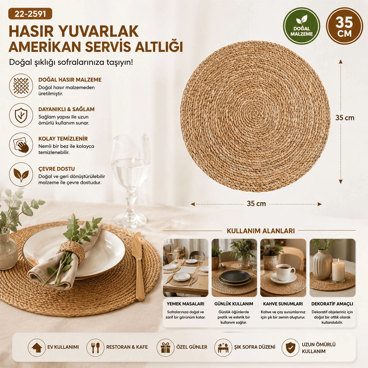 Hasır 31cm Yuvarlak Supla - Amerikan Servis Altı Bx40