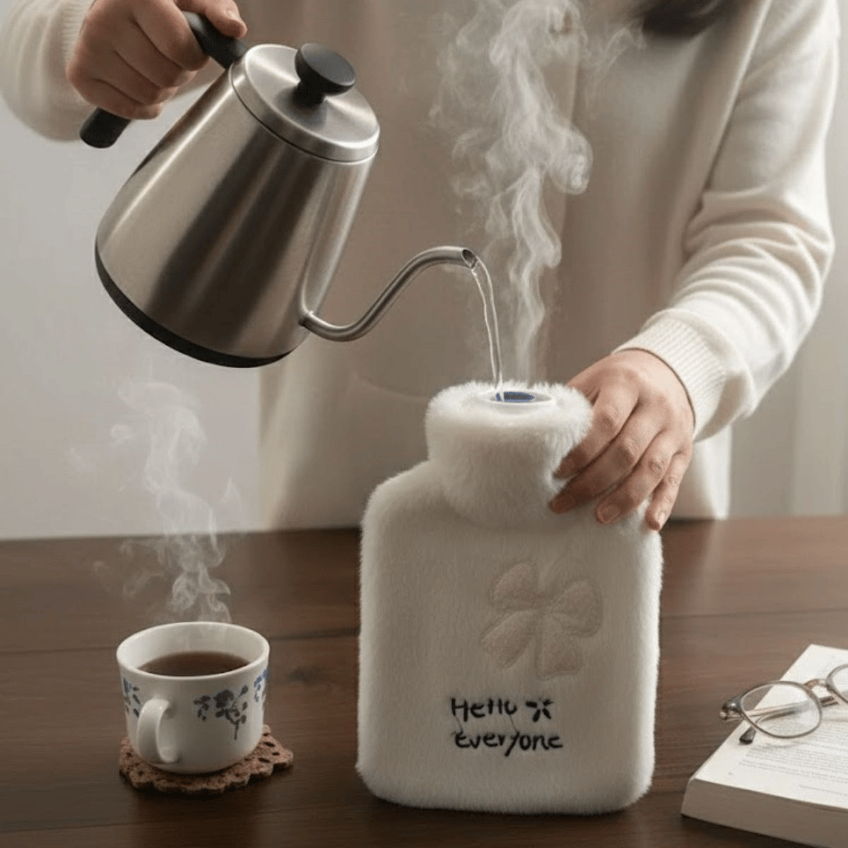 Hello Everyone Yazılı Kurdeleli Beyaz Peluş Sıcak Su Torbası 1 Lt – Yumuşak Kılıf, Uzun Süre Sıcak Tutan Termal Su Torbası Bx40