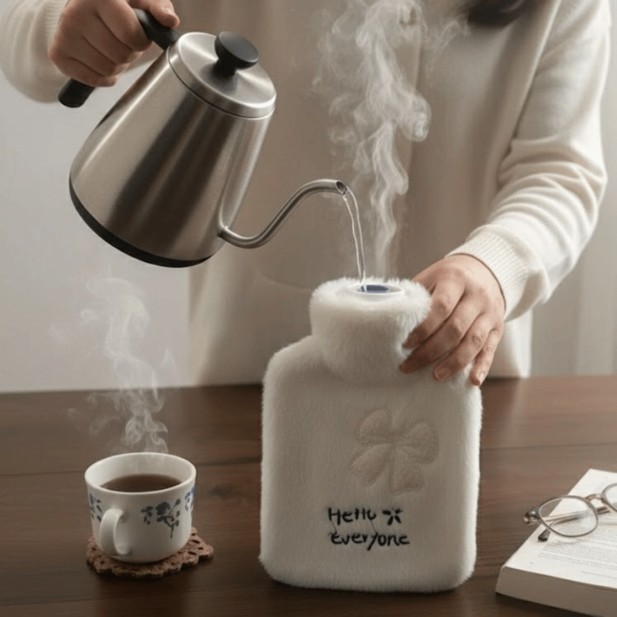 Hello Everyone Yazılı Kurdeleli Beyaz Peluş Sıcak Su Torbası 1 Lt – Yumuşak Kılıf, Uzun Süre Sıcak Tutan Termal Su Torbası