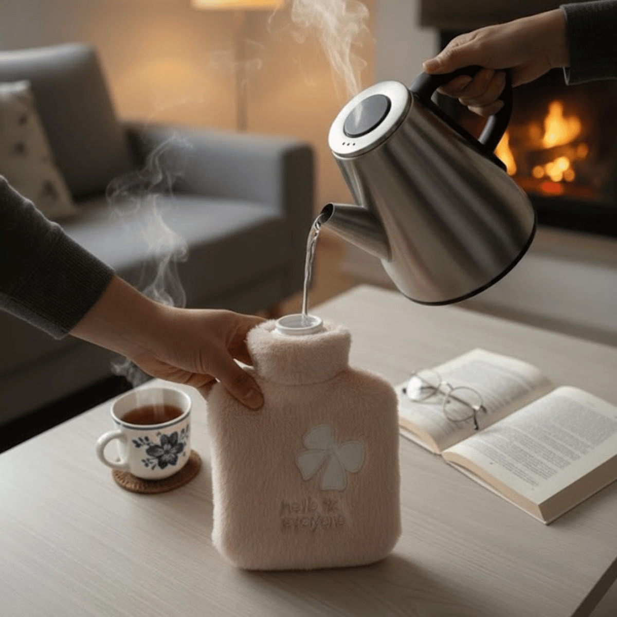 Hello Everyone Yazılı Kurdeleli Pembe Peluş Sıcak Su Torbası 1 Lt – Yumuşak Kılıf, Uzun Süre Sıcak Tutan Termal Su Torbası Bx40