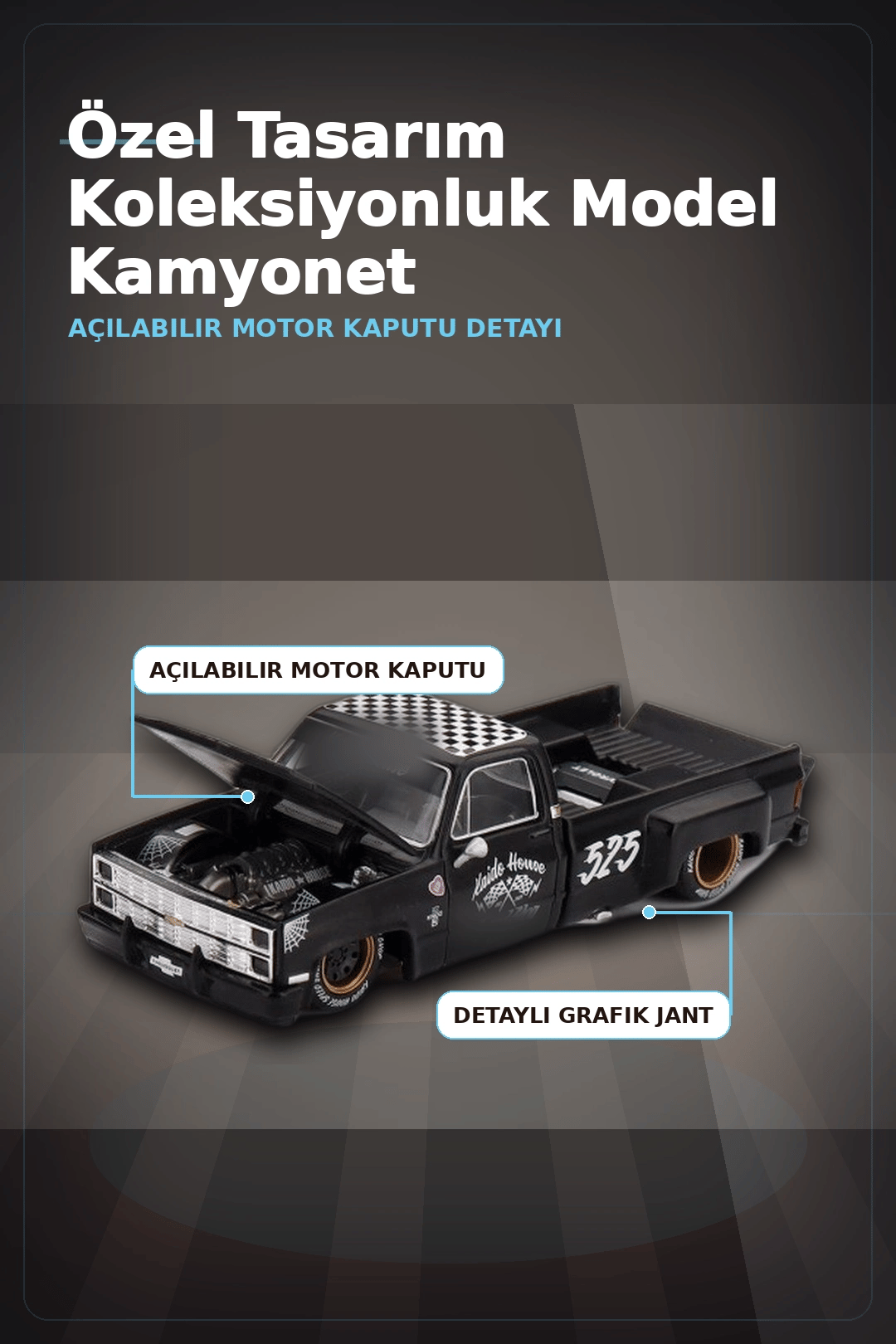Hot Rod Tasarımlı 1/64 Chevrolet Silverado Dually Diecast Model Araba - Tekli Kutu BX-313351