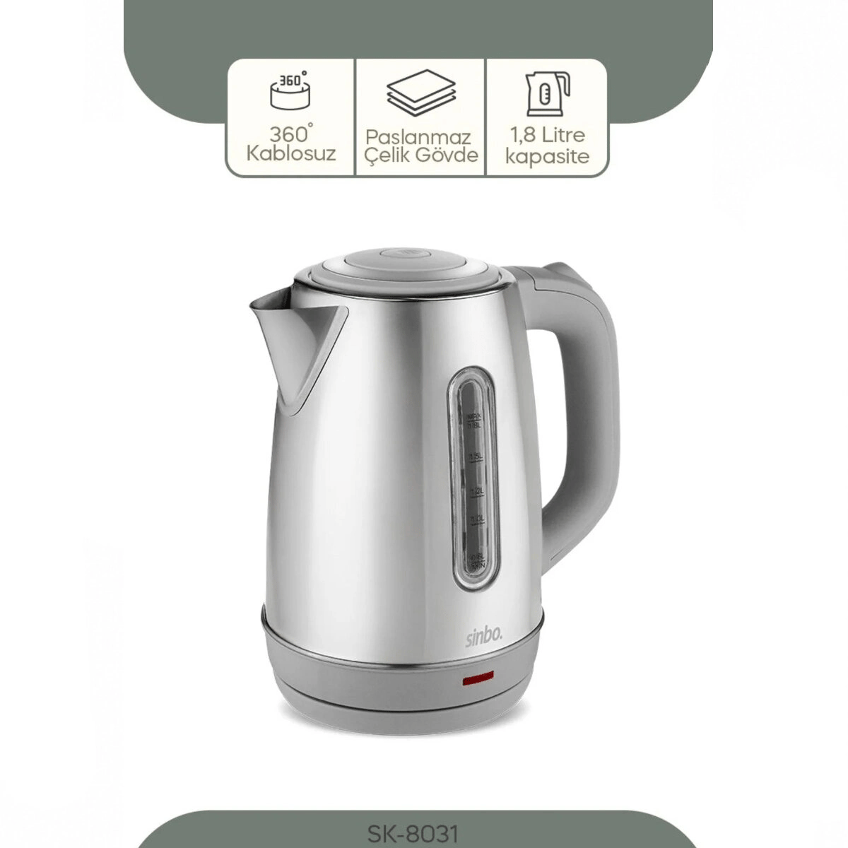 İnoks Çelik Kettle Su Isıtıcısı Kablosuz Kullanım 1.8lt 360° Dönebilme Otomatik Kapanma Sk-8031 Bx40