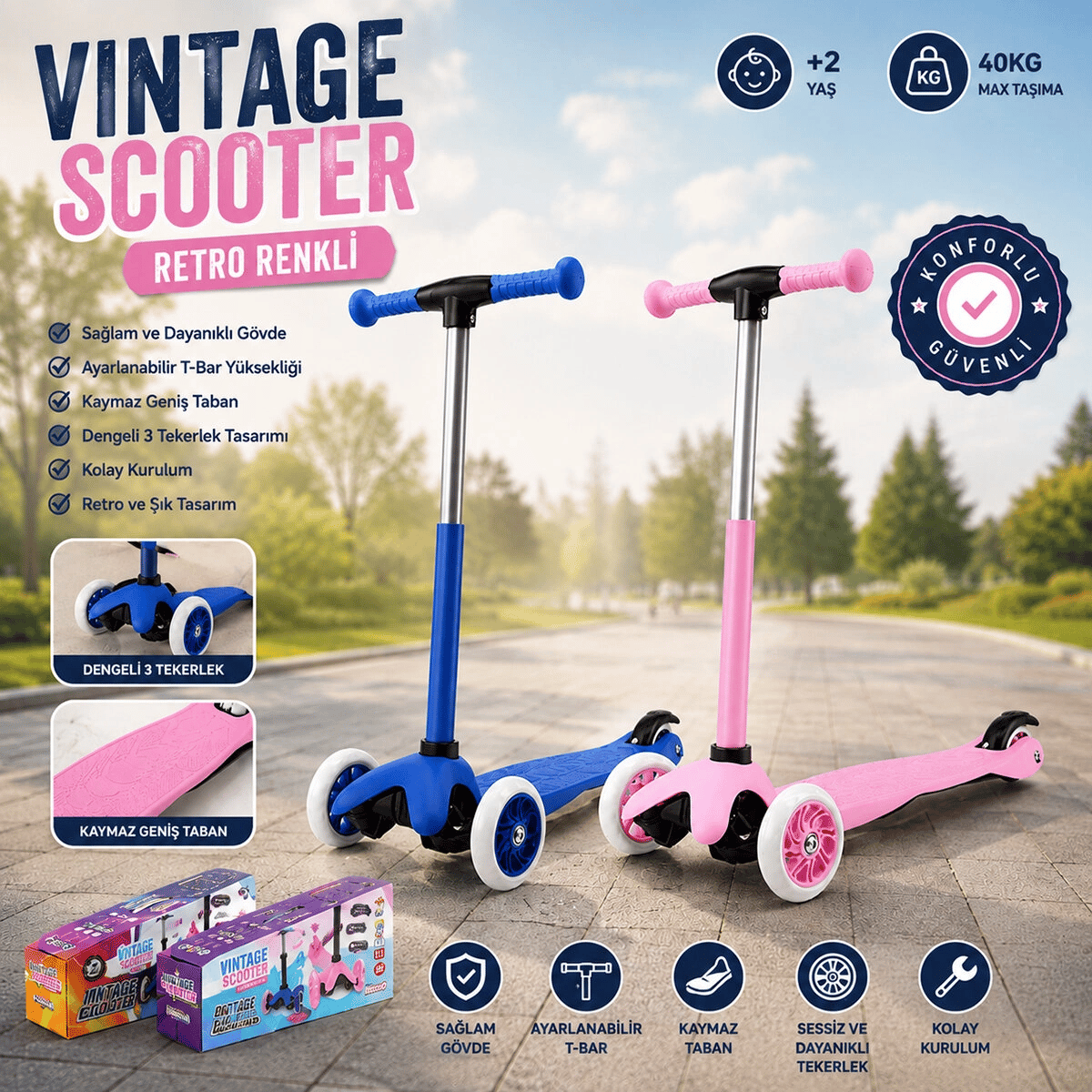 Işıksız Vıntage Scooter 55x57-64-71cm Retro Renkli +2 Yaş - 40kg Max Taşıma Herhangi Bir Renk Gönderilir Bx40
