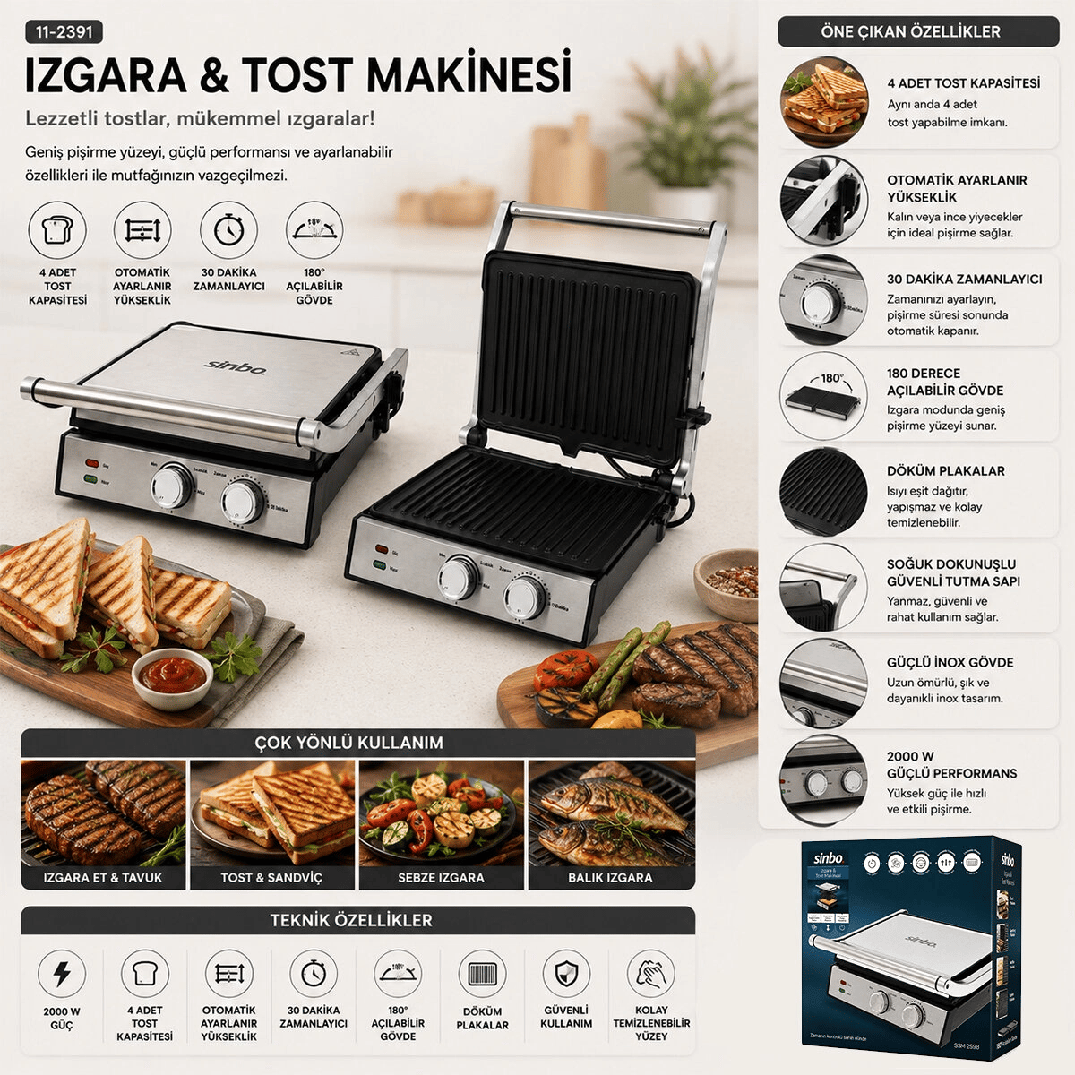 Izgara Ve Tost Makinesi 4 Dilim Yapışmaz Yüzey 2000w Ssm-2598 Bx40
