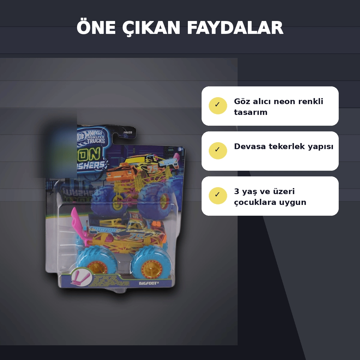 JMV39 Neon Renkli 1:64 Ölçek Canavar Kamyon Monster Trucks Smashers Araç