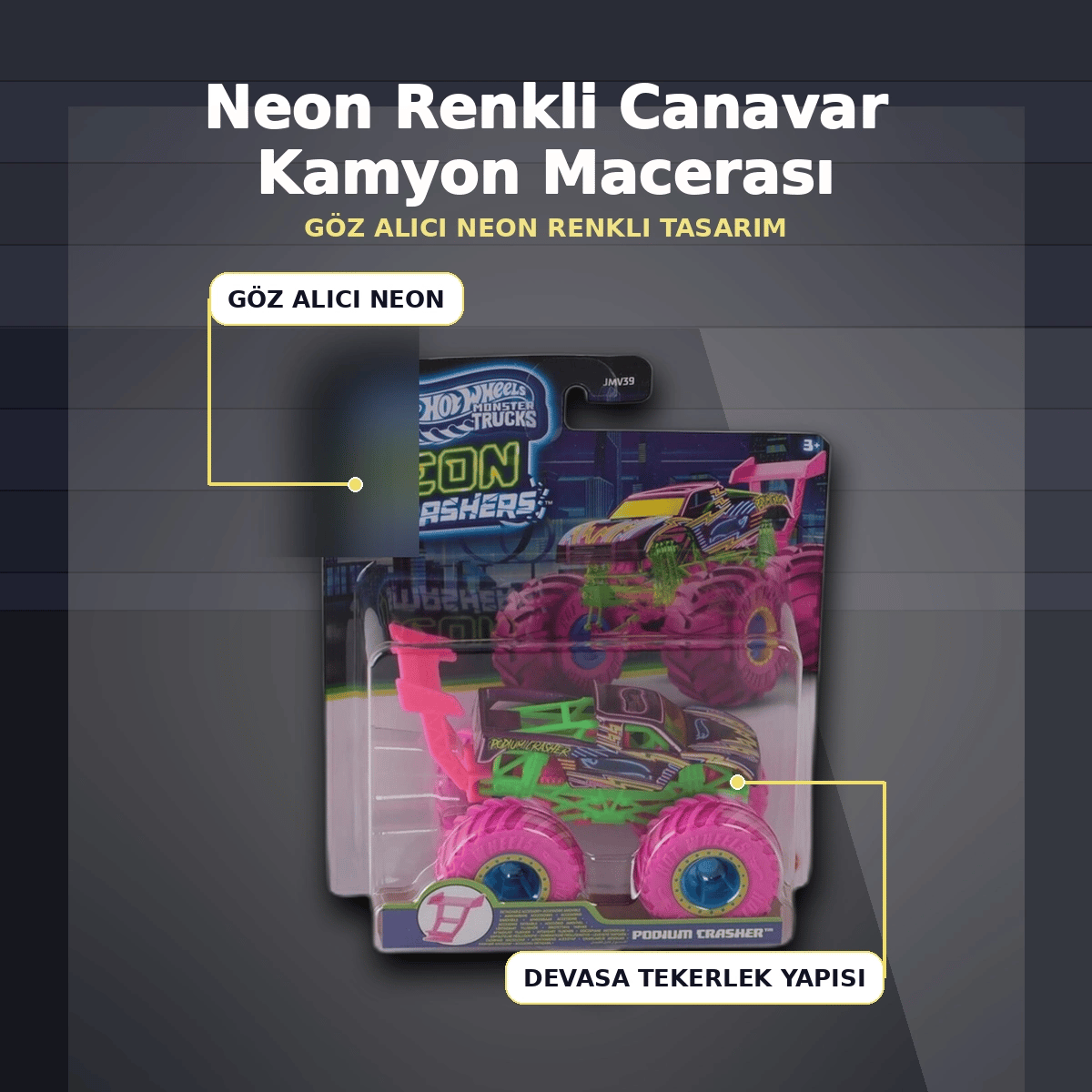 JMV39 Neon Renkli 1:64 Ölçek Canavar Kamyon Monster Trucks Smashers Araç