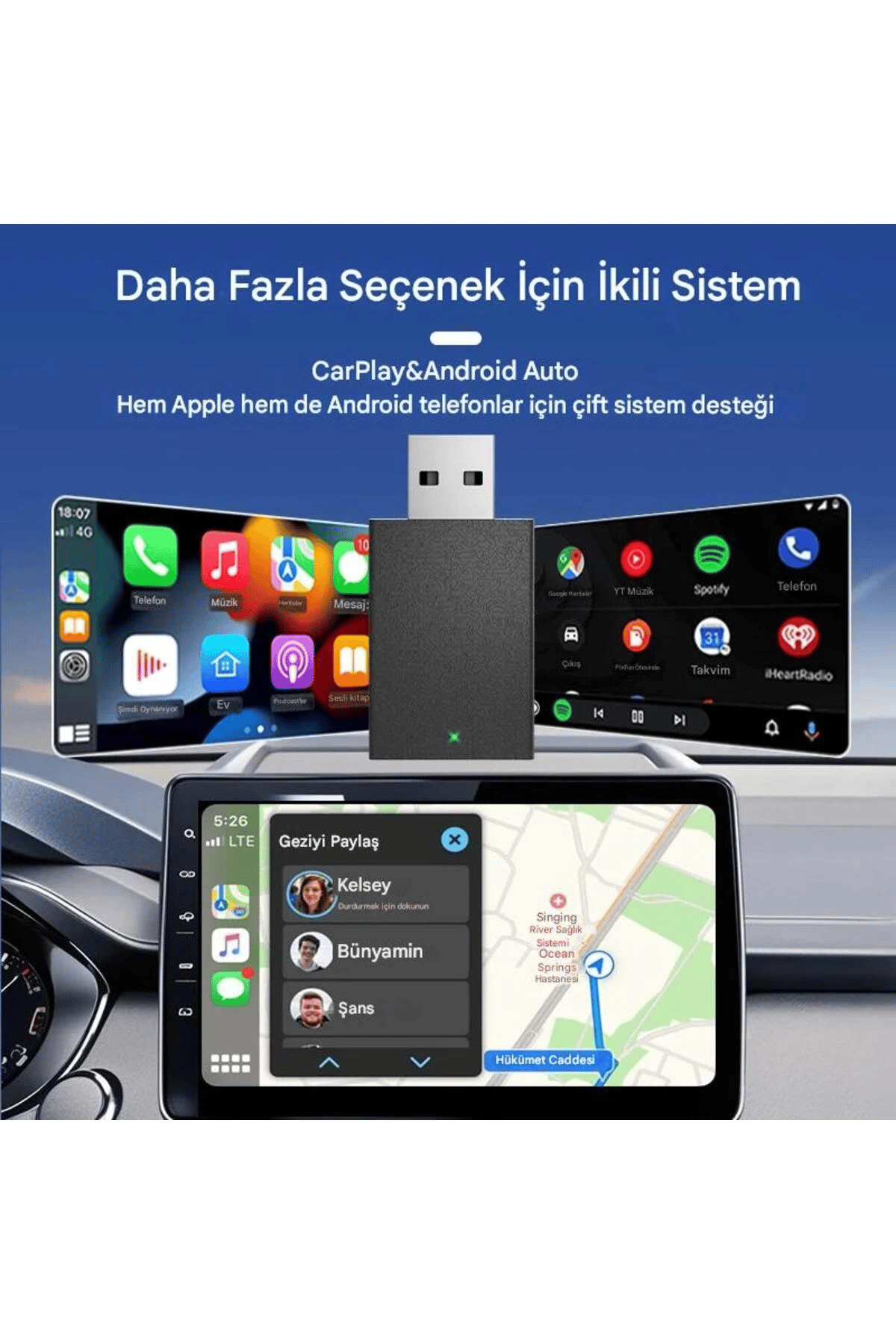 Kablosuz Android Auto/Car Play USB Dongle Cihazı