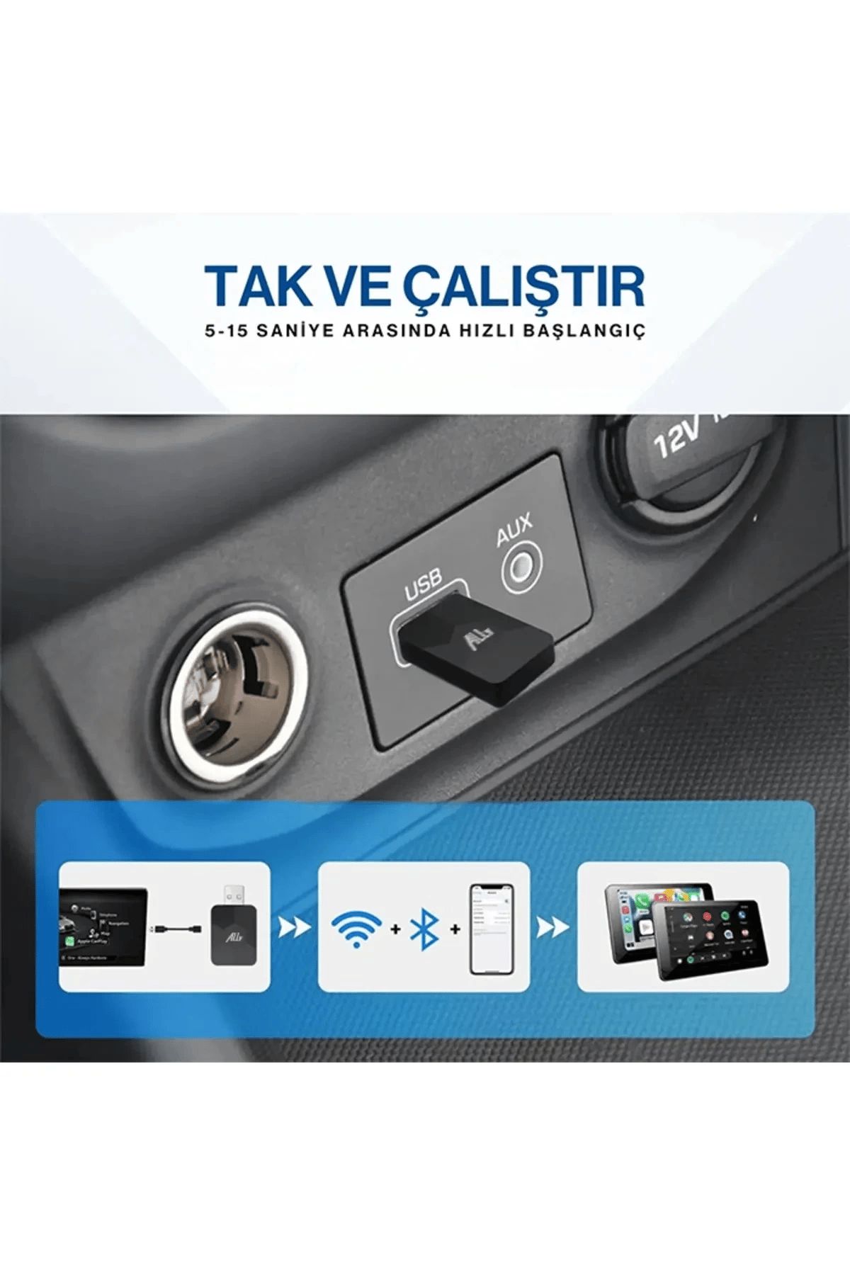 Kablosuz CarPlay & Android Auto Adaptörü - Apple ve Android Cihazlar İçin Evrensel Wireless Carplay Çevirici