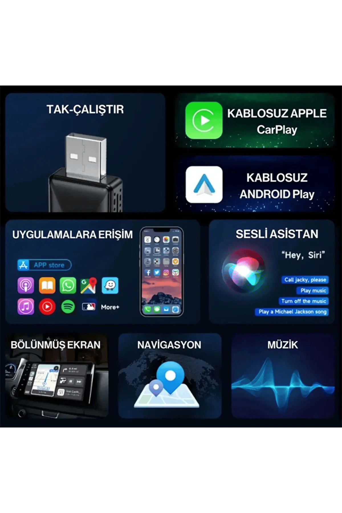 Kablosuz CarPlay & Android Auto Adaptörü - Apple ve Android Cihazlar İçin Evrensel Wireless Carplay Çevirici