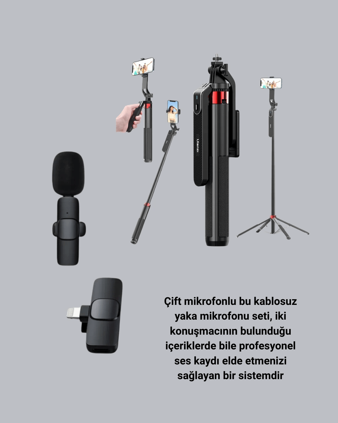 Kablosuz Çift Yaka Mikrofonu ve Tripodlu Selfie Çubuğu İçerik Üretici Seti