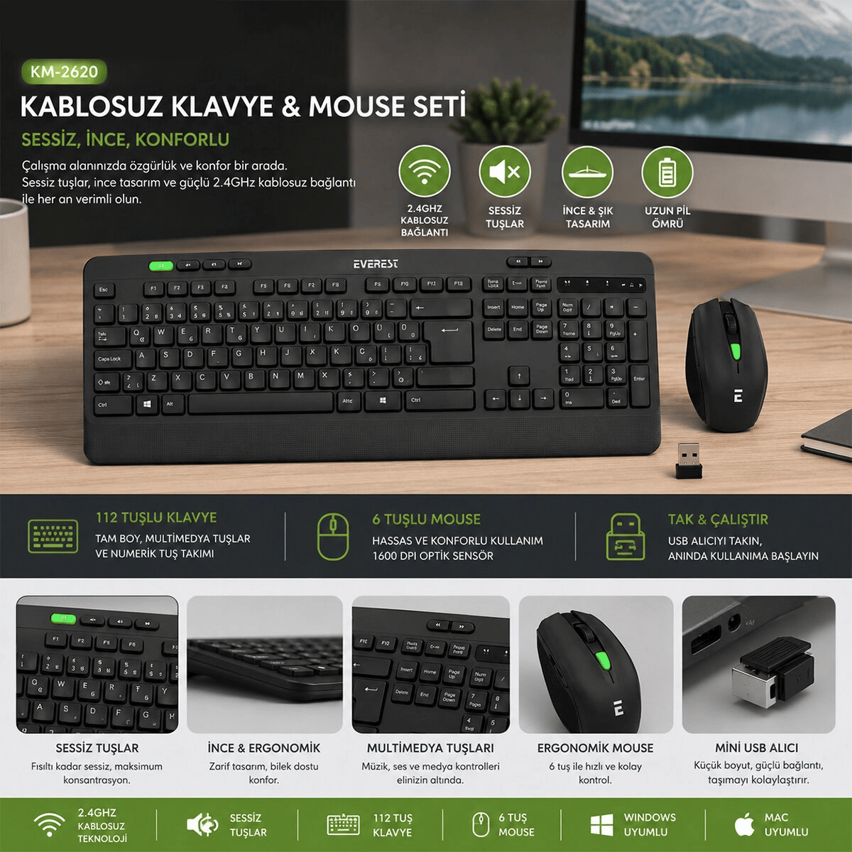 Kablosuz Klavye - Mouse Seti Siyah Usb - Sessiz - Switch Q Klavye Km-2620 Bx40