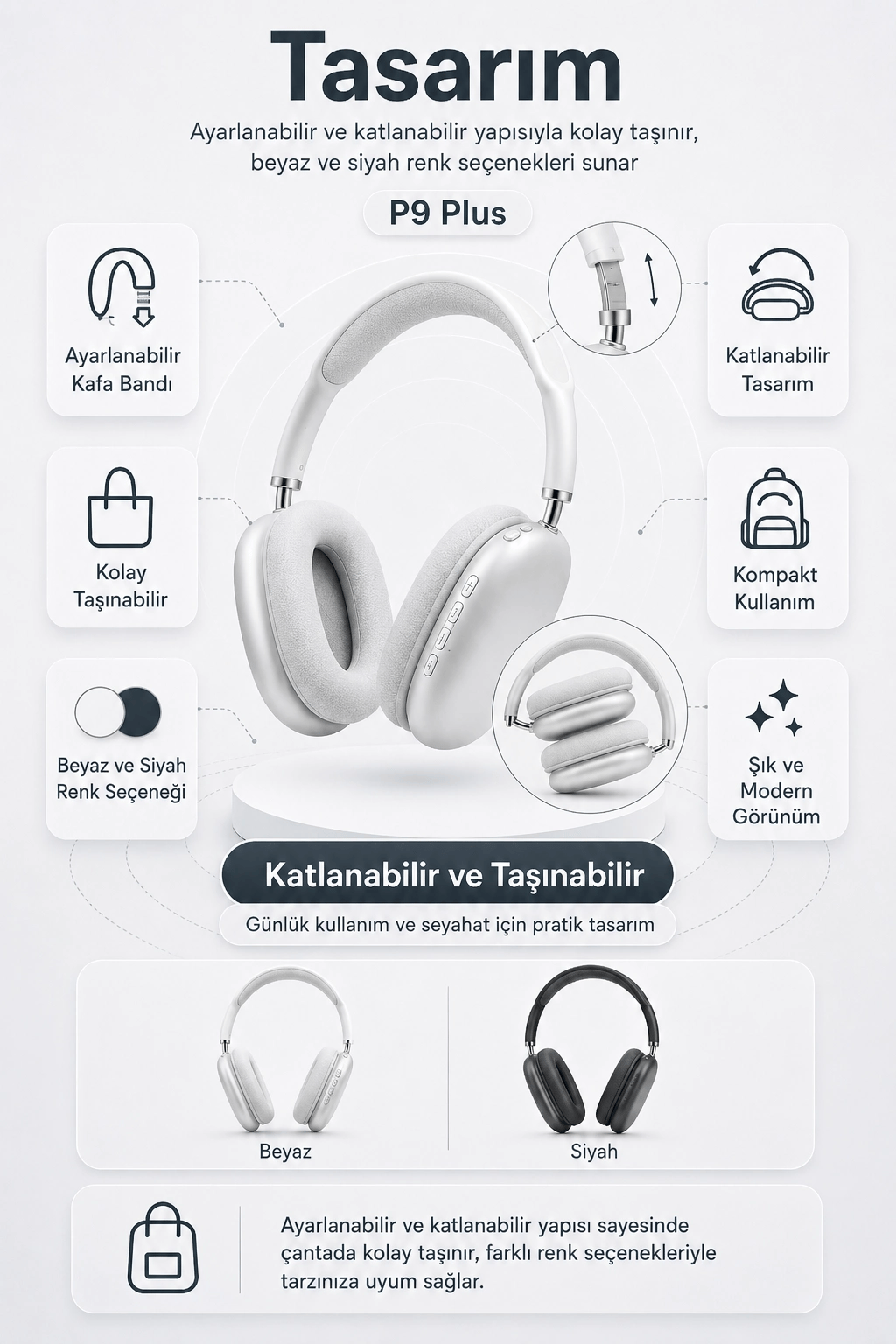 Kablosuz Kulak Üstü Bluetooth Kulaklık Katlanabilir Tasarım Uzun Süreli Kullanım
