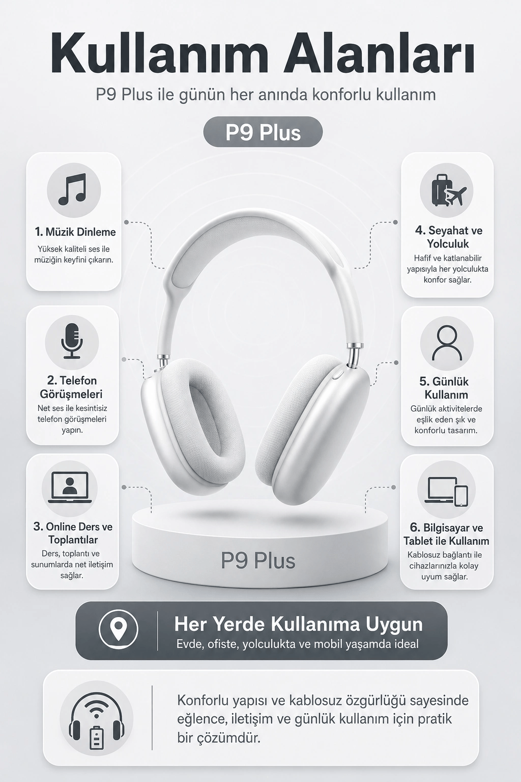 Kablosuz Kulak Üstü Bluetooth Kulaklık Katlanabilir Tasarım Uzun Süreli Kullanım