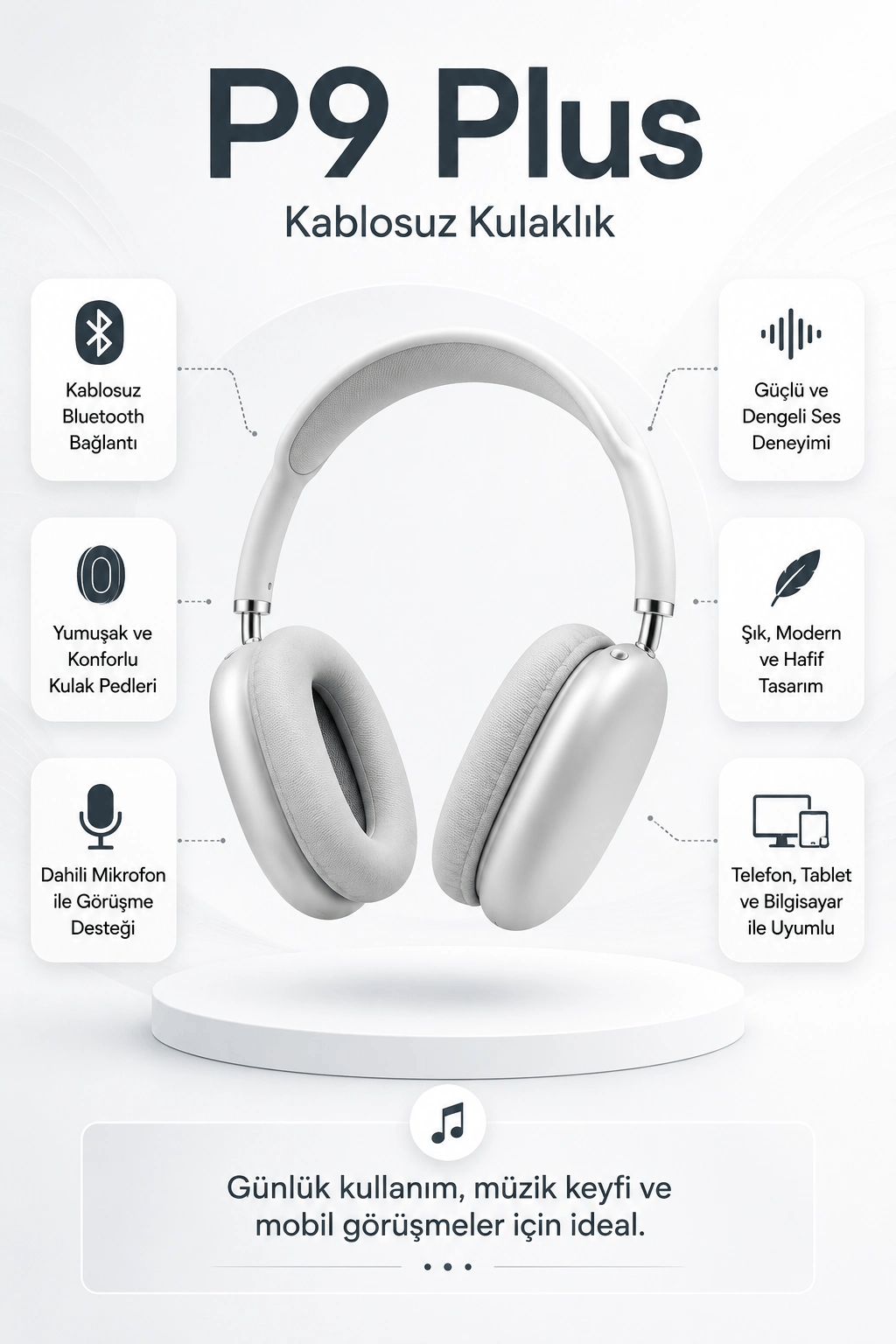 Kablosuz Kulak Üstü Bluetooth Kulaklık Katlanabilir Tasarım Uzun Süreli Kullanım