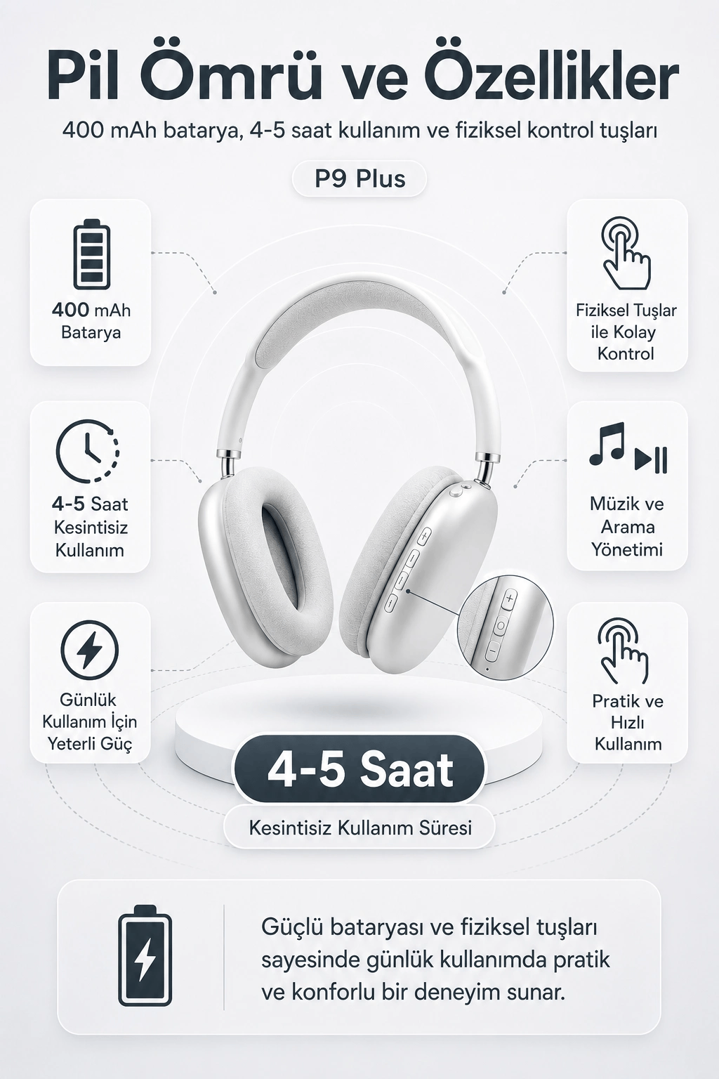 Kablosuz Kulak Üstü Bluetooth Kulaklık Katlanabilir Tasarım Uzun Süreli Kullanım