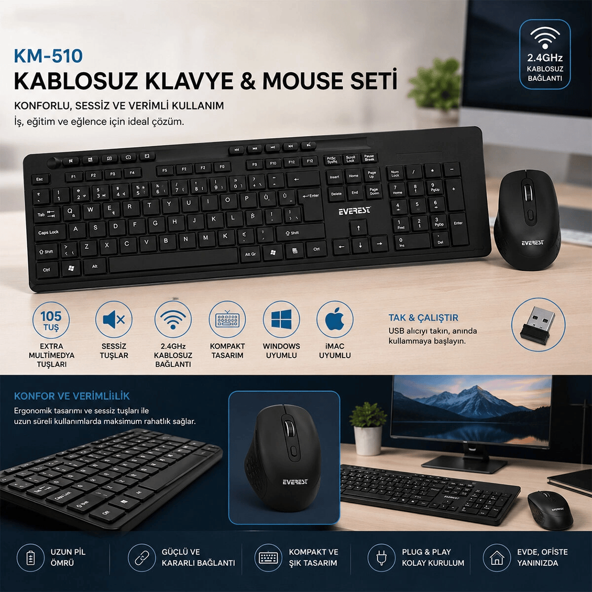 Kablosuz Multimedia Klavye - Mouse Seti Siyah Q Klavye Km-510 Bx40