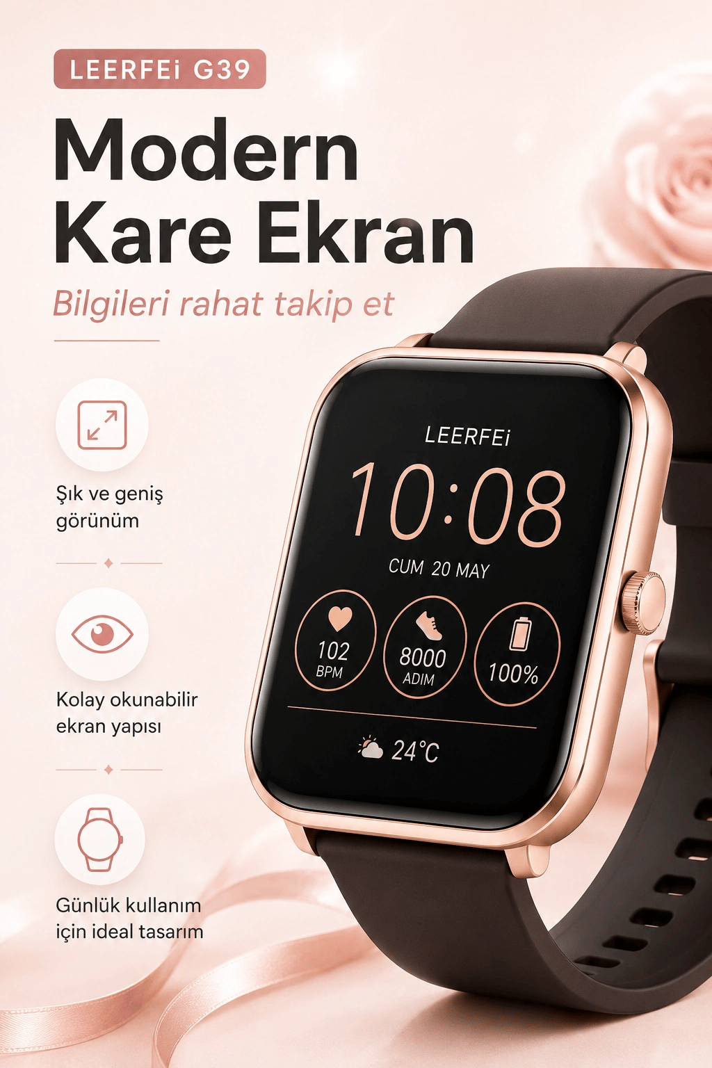 Kablosuz Şarj Destekli Rose Gold Akıllı Saat Dokunmatik Ekranlı Spor Takipli Model