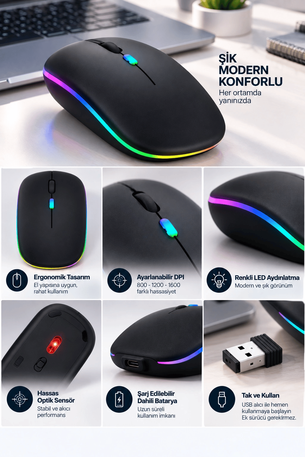 Kablosuz Şarjlı Sessiz Tıklamalı Ergonomik Mouse