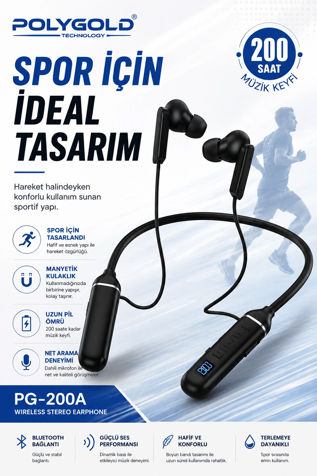 Kablosuz Stereo Spor Boyun Askılı Kulaklık 200 Saat Müzik Süreli Mikrofonlu