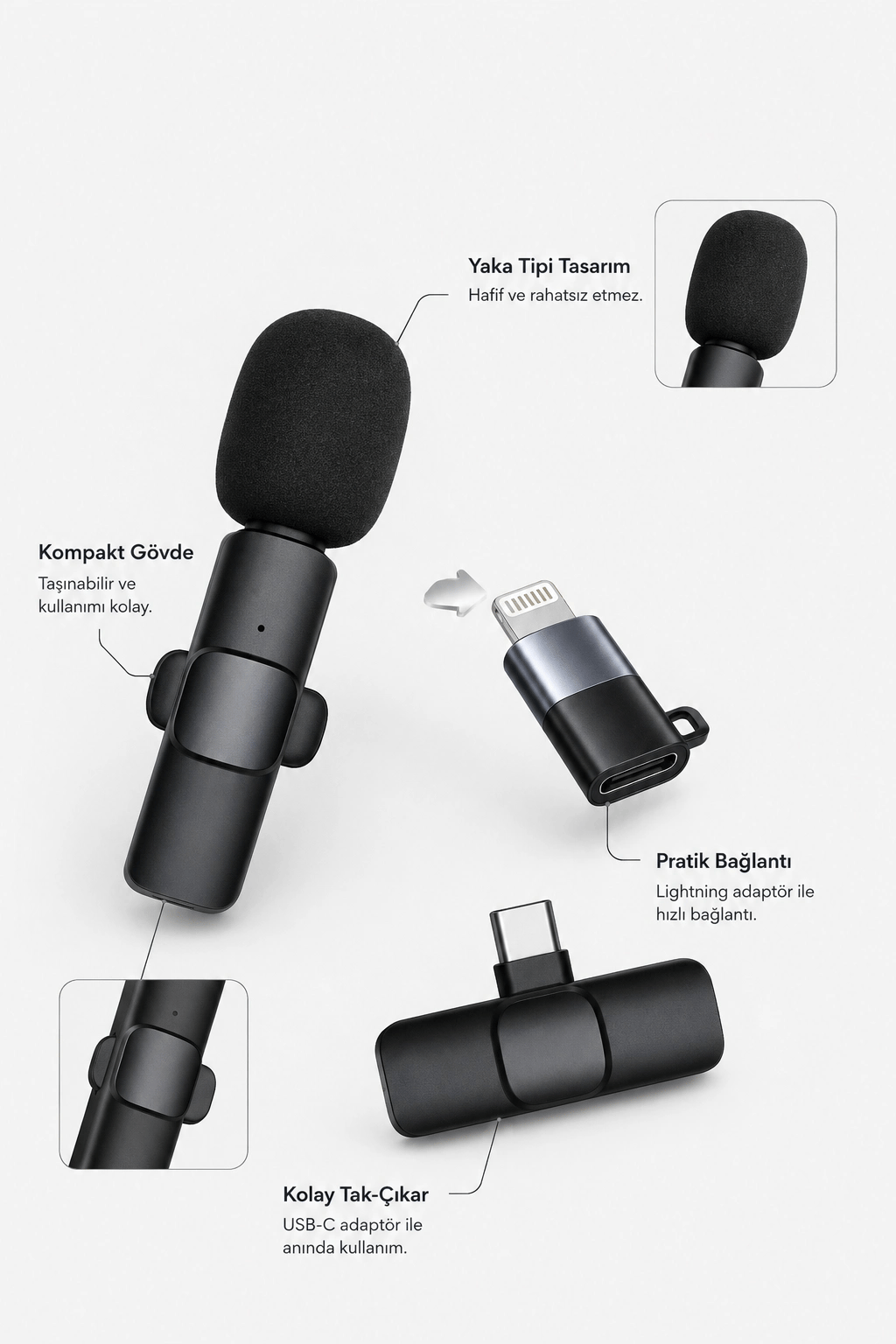 Kablosuz Yaka Mikrofonu USB-C ve Lightning Adaptörlü Telefon Uyumlu Kompakt Ses Kiti
